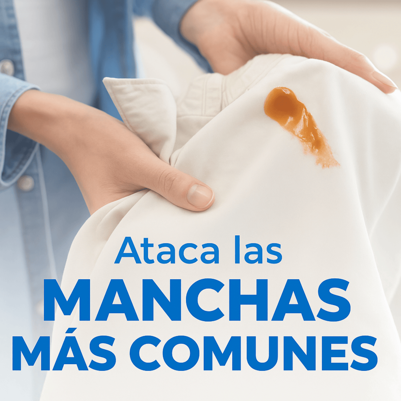 Persona sosteniendo prenda con mancha mientras usa detergente en hojas Nuvy para eliminar suciedad difícil