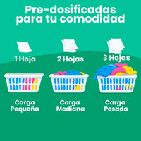 Guía de dosificación de hojas de detergente Nuvy para cargas pequeñas, medianas y pesadas
