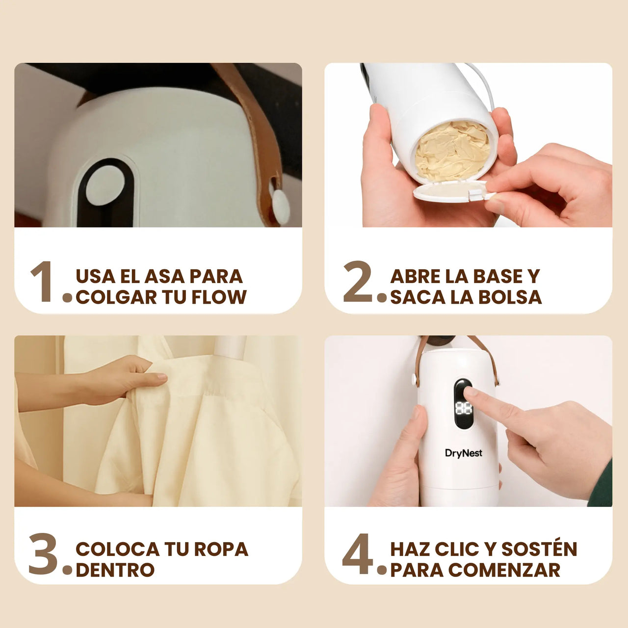 Instructivo de uso del secador portátil DryNest Flow con pasos para colgar, colocar la ropa y comenzar el secado