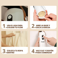 Instructivo de uso del secador portátil DryNest Flow con pasos para colgar, colocar la ropa y comenzar el secado