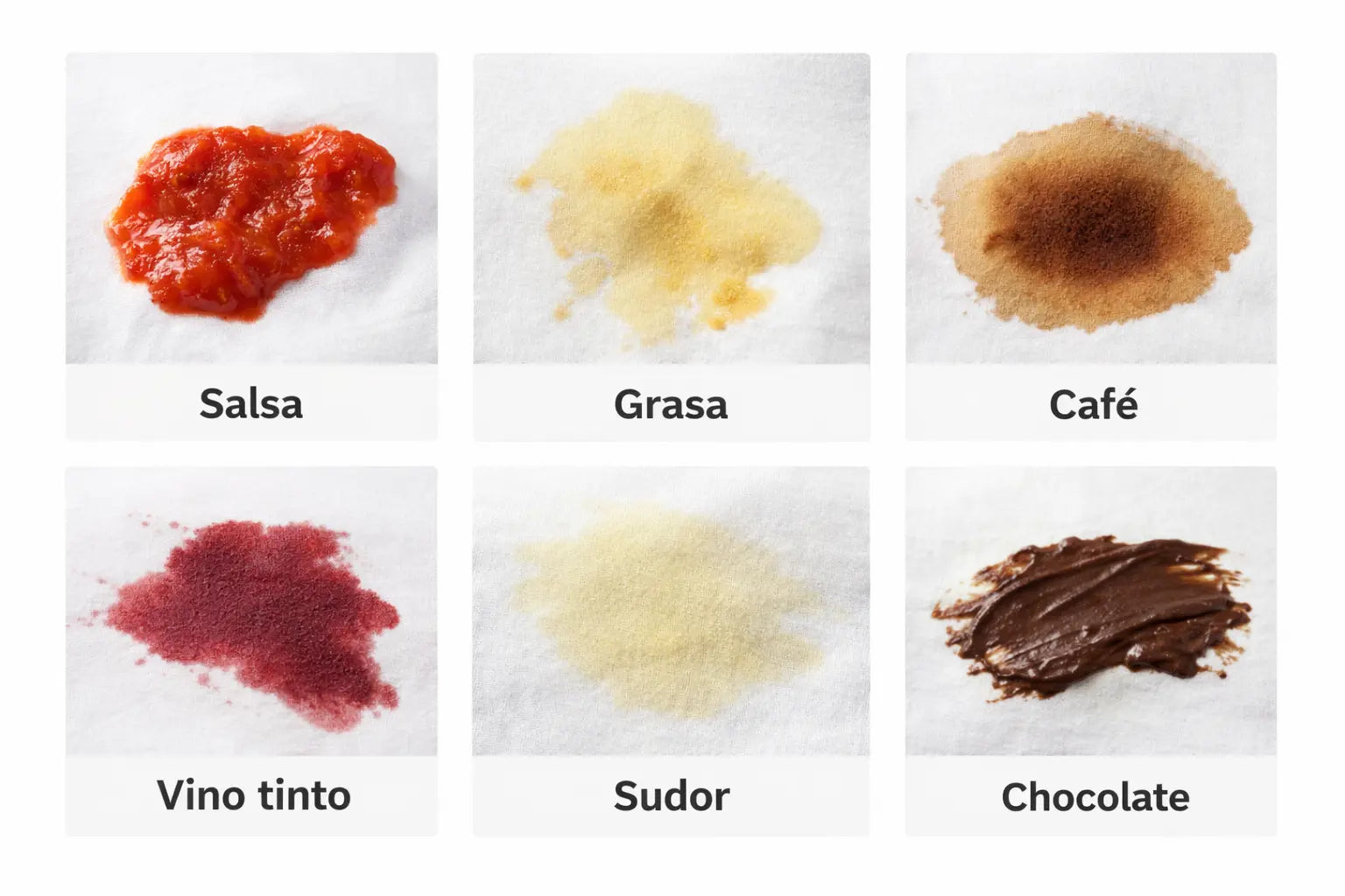 Ejemplos de manchas comunes en la ropa — salsa, grasa, café, vino tinto, sudor y chocolate sobre tela blanca