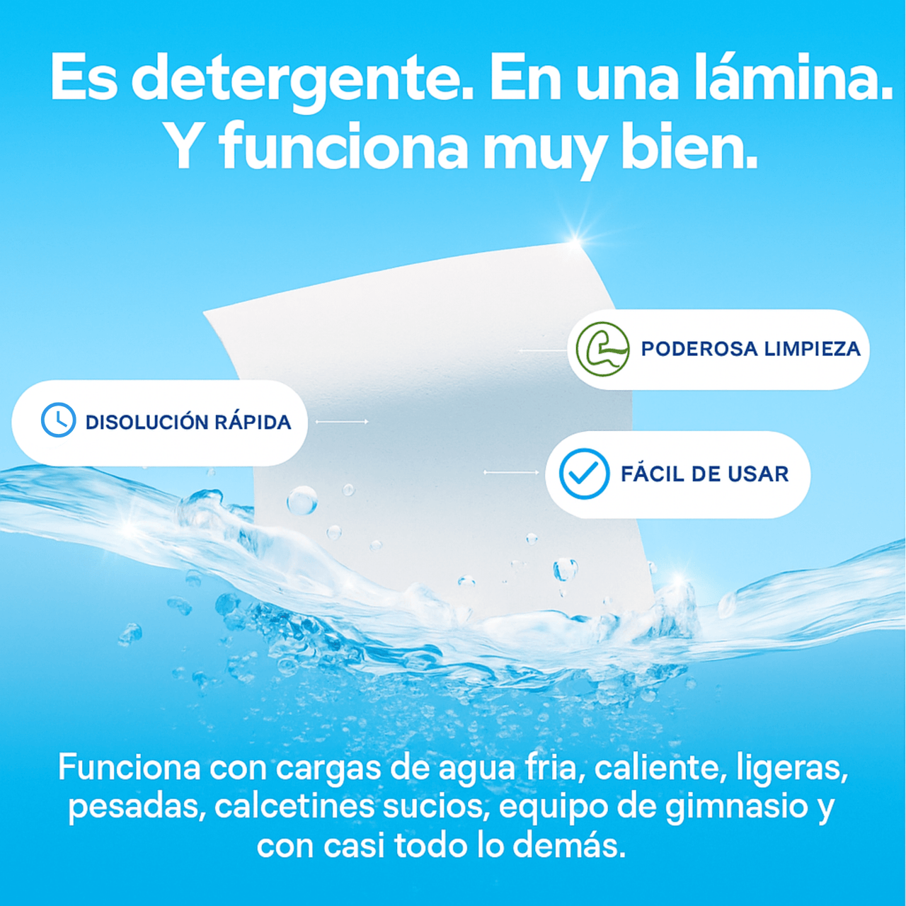 Hojas de detergente Nuvy flotando en agua con texto sobre sus beneficios de limpieza ecológica