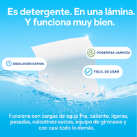 Hojas de detergente Nuvy flotando en agua con texto sobre sus beneficios de limpieza ecológica
