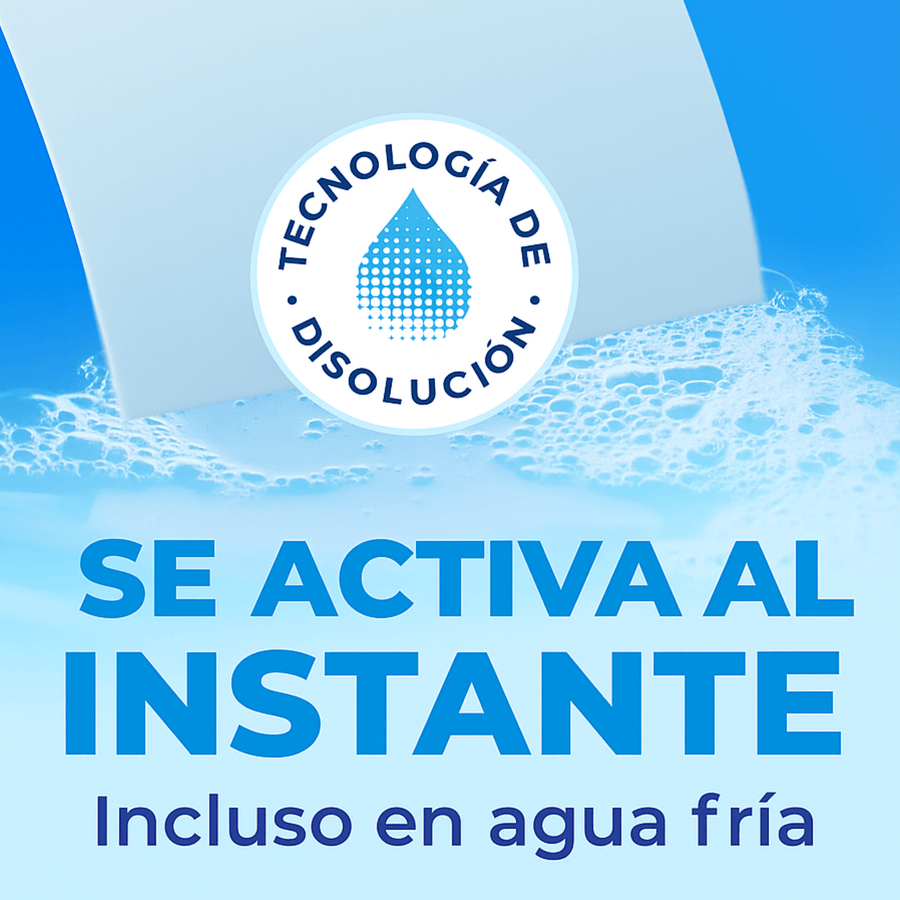 Hojas de detergente Nuvy disolviéndose rápidamente en agua fría con tecnología avanzada
