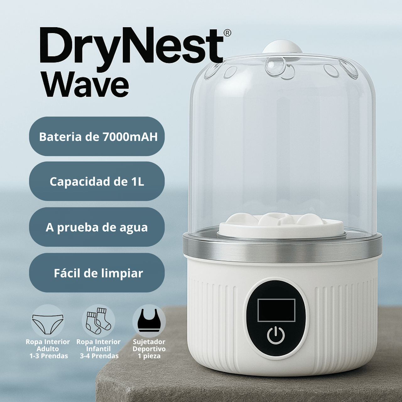 Características técnicas de la lavadora portátil DryNest Wave: capacidad y batería