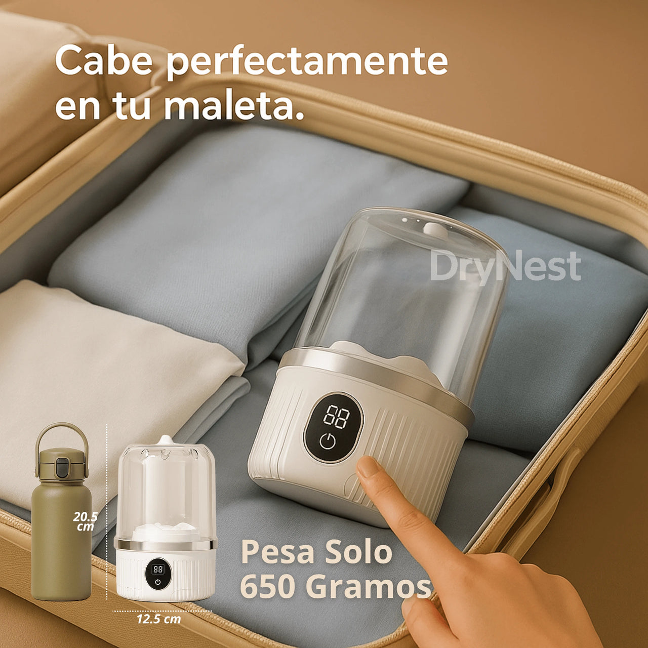 Lavadora mini DryNest Wave que cabe perfectamente en tu maleta de viaje