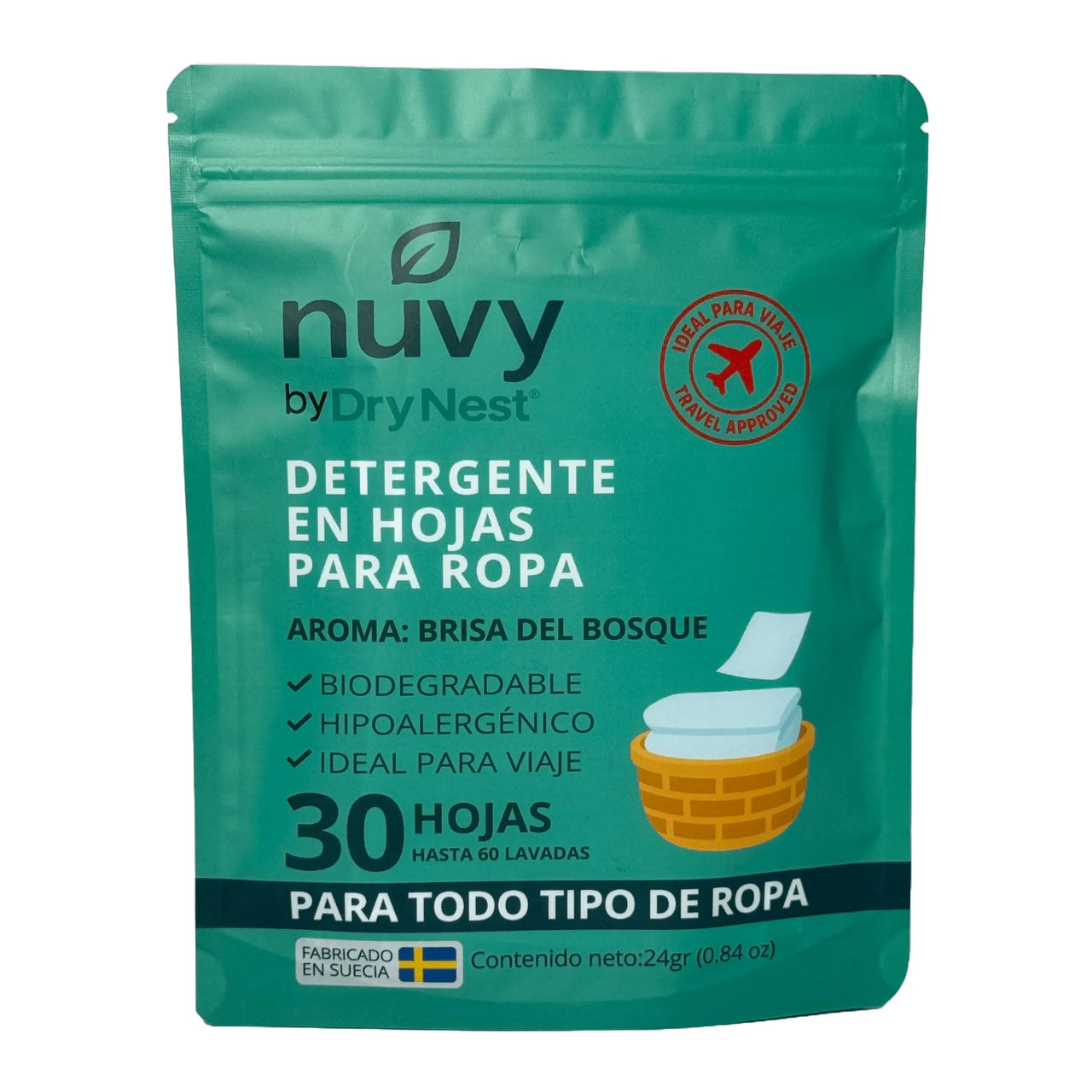 Hojas de detergente DryNest en bolsa compacta colocadas en bandeja de control de seguridad del aeropuerto, ideales para viajar