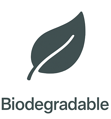 Tres íconos vectoriales de Nuvy que representan: mano sosteniendo hoja (compacto), avión dentro de un círculo (apto para viajes) y hoja (biodegradable).