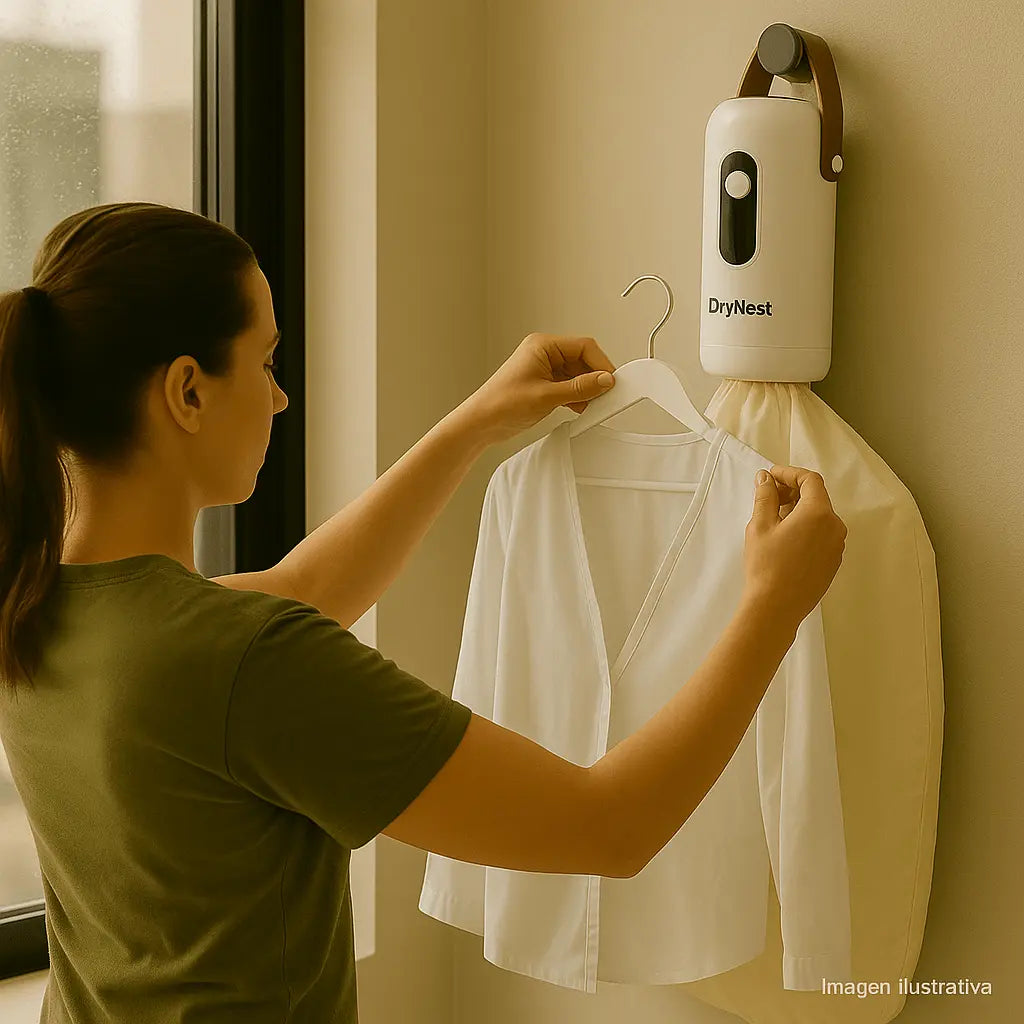 Mujer usando el secador portátil DryNest para secar ropa en interiores cerca de una ventana.