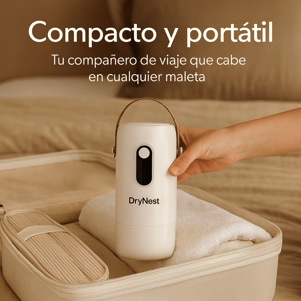 Secador portátil DryNest compacto y ligero, ideal para viajes y fácil de guardar en la maleta.