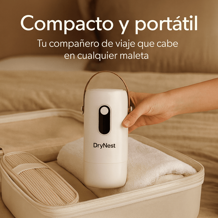 Secador portátil DryNest compacto y ligero, ideal para viajes y fácil de guardar en la maleta.