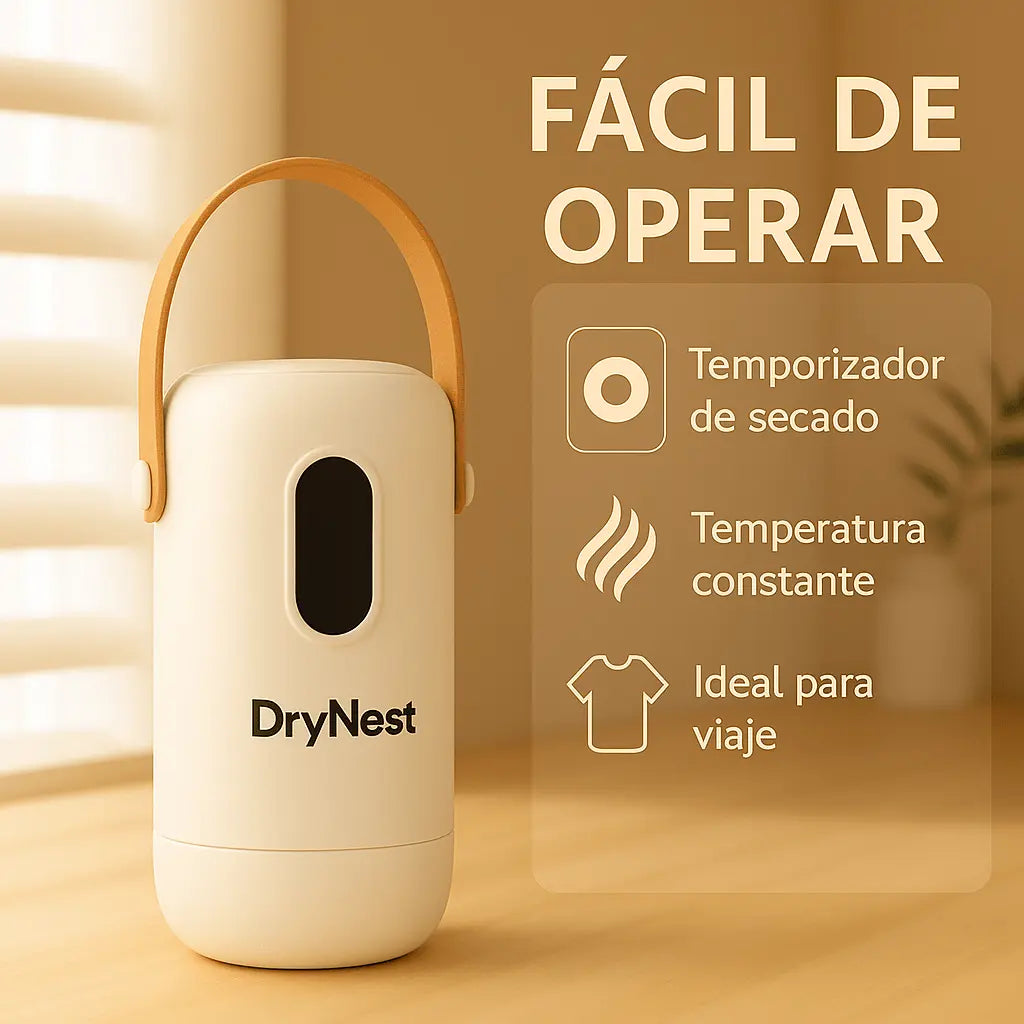 Secador portátil DryNest con temporizador de secado y temperatura constante, ideal para viajes y prendas pequeñas