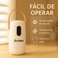 Secador portátil con temporizador de secado, temperatura constante y funciones ideales para viajes.
