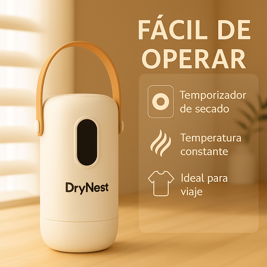 Secador portátil con temporizador de secado, temperatura constante y funciones ideales para viajes.