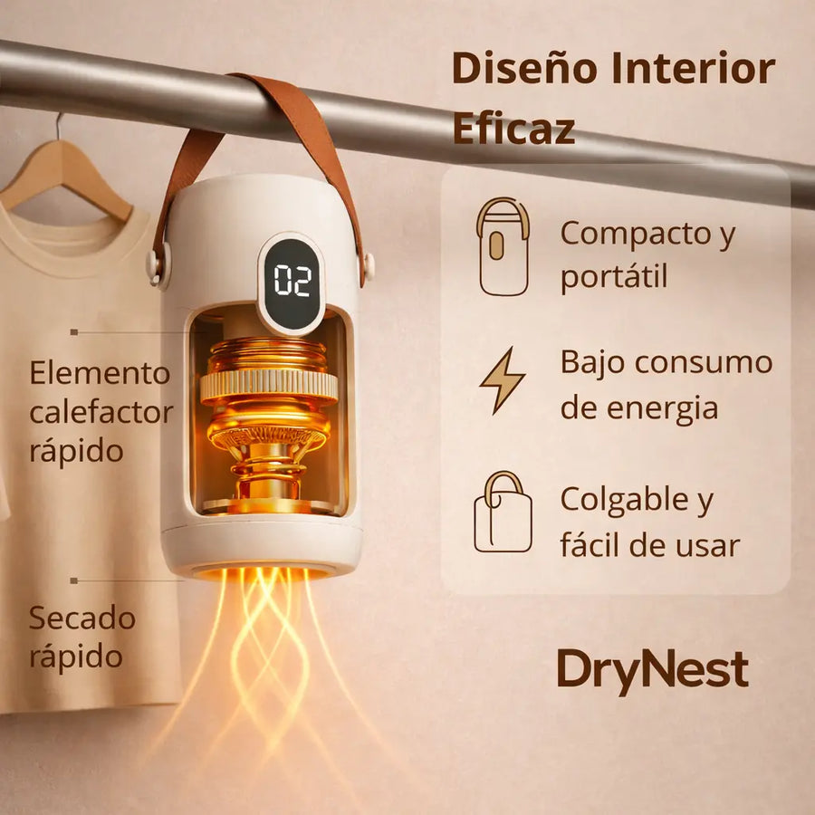 Vista del interior del secador portátil DryNest con sistema calefactor eficiente y diseño compacto para secado de ropa en viaje