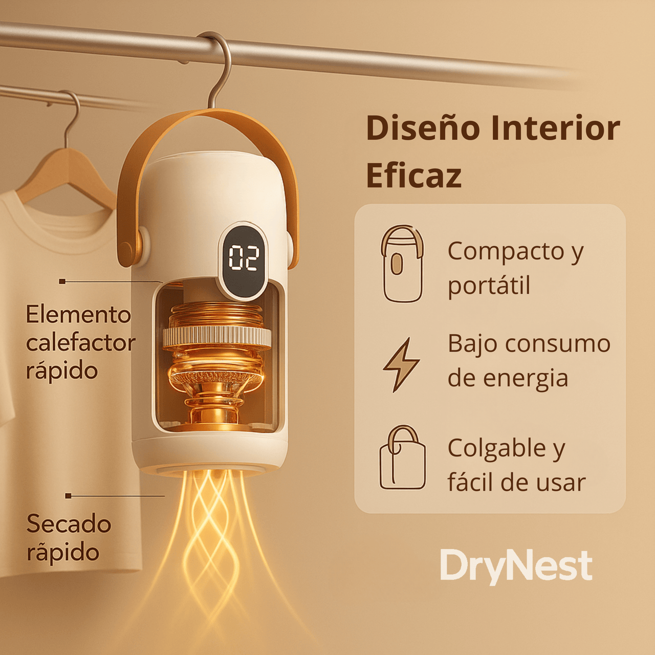 Vista del interior del secador DryNest con sistema calefactor eficiente y diseño compacto.